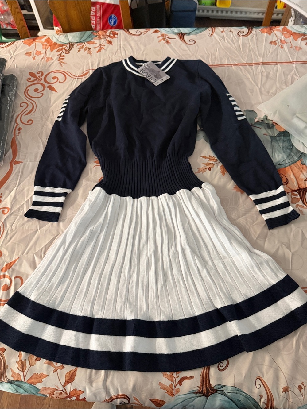 Navy & White Long-Sleeve Pleated Knit Dress by LOHO